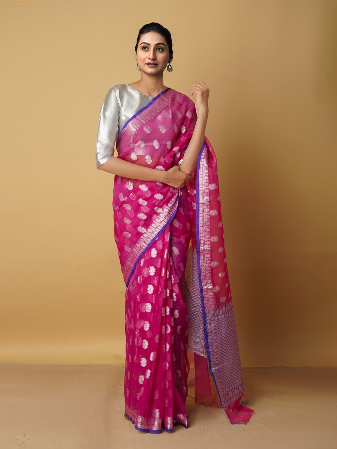

Unnati Silks Woven Design Zari Silk Cotton Banarasi Saree, Pink