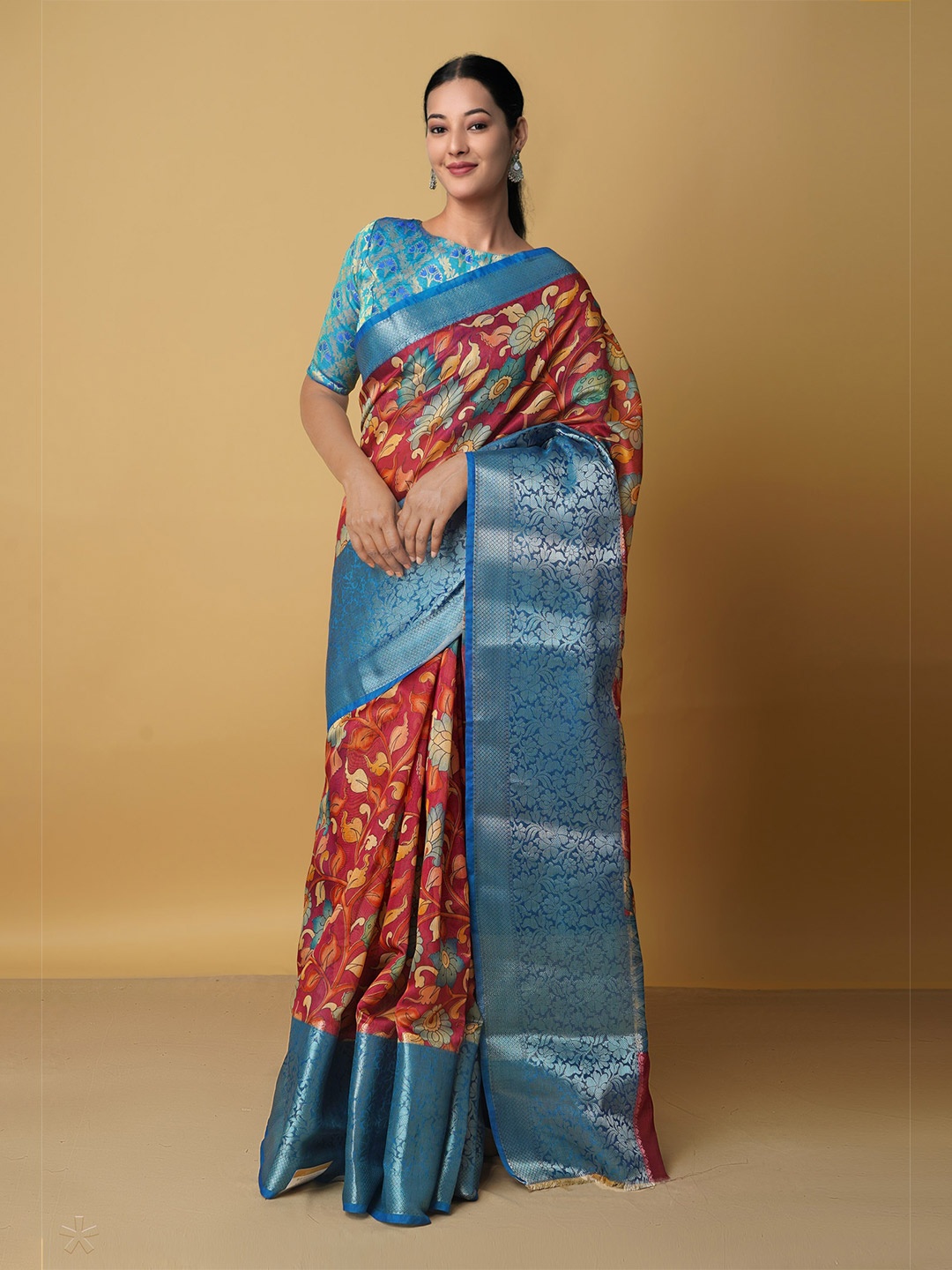 

Unnati Silks Floral Zari Silk Cotton Kanjeevaram Saree, Red