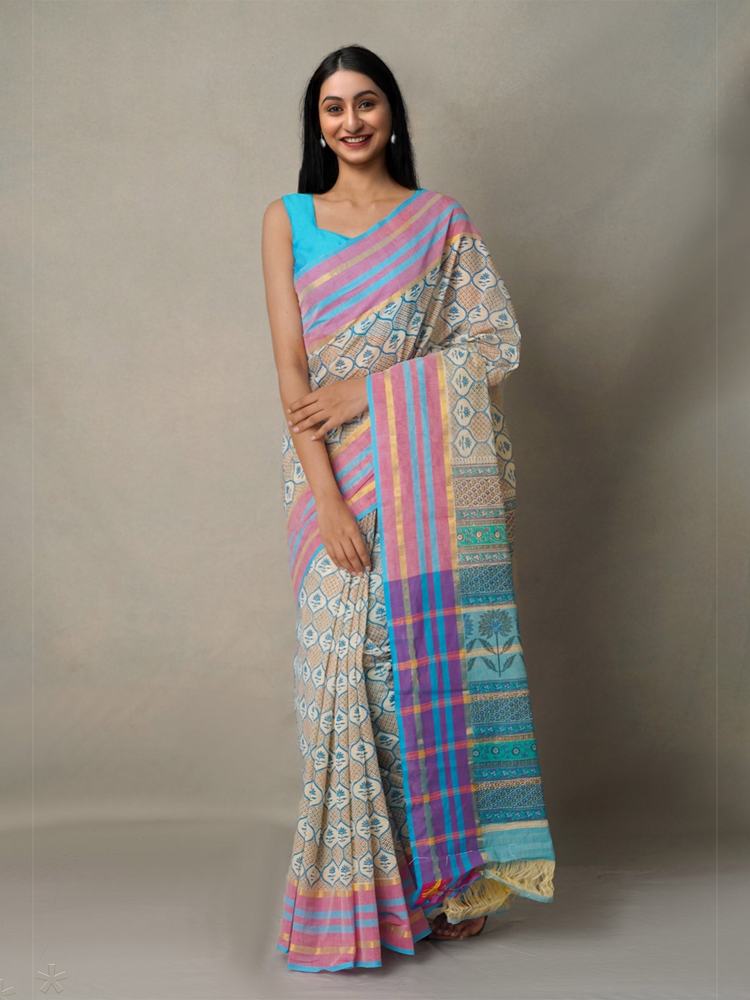 

Unnati Silks Ethnic Motifs Pure Cotton Mangalagiri Saree, Beige