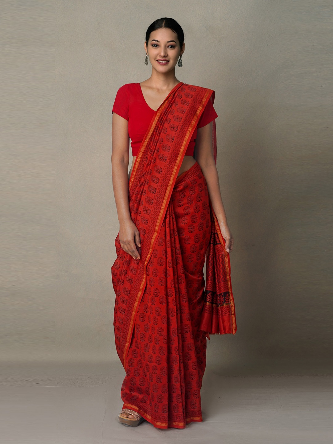 

Unnati Silks Paisley Pure Cotton Chanderi Saree, Red