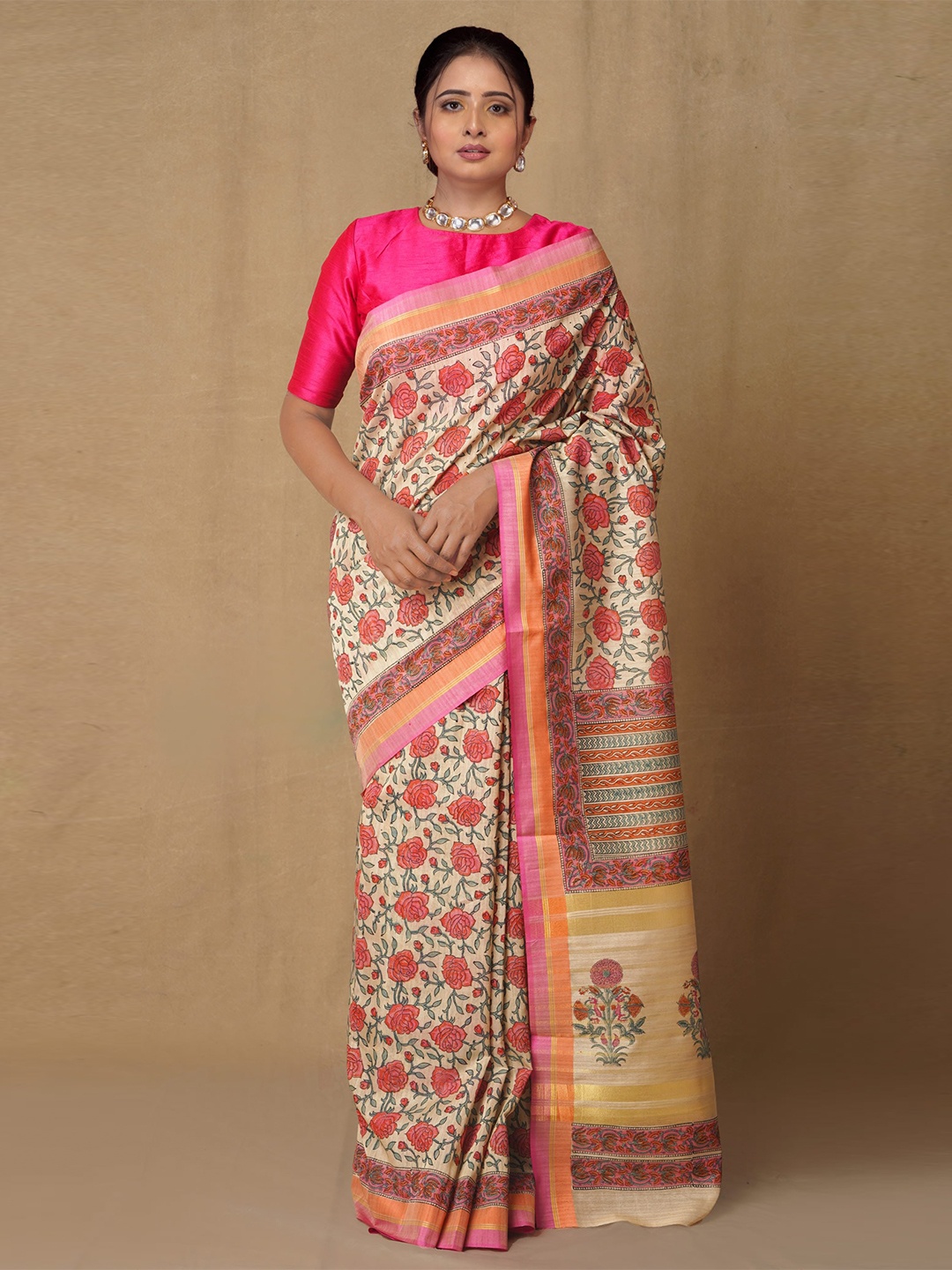 

Unnati Silks Ethnic Motifs Silk Blend Tussar Saree, Beige