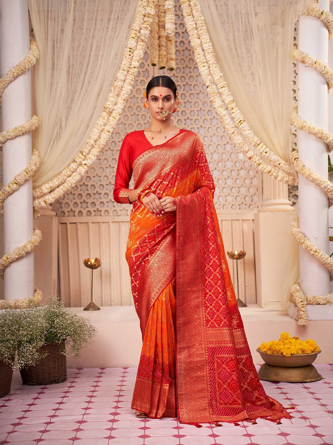 

ODETTE Woven Design Zari Silk Blend Saree, Orange