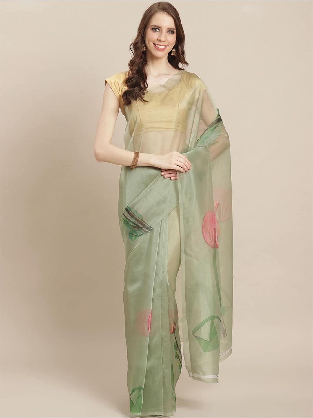

ODETTE Floral Organza Saree, Green