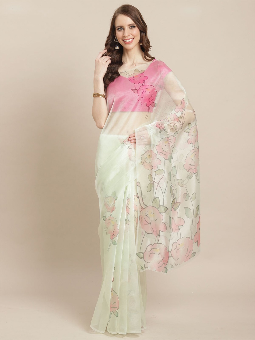

ODETTE Floral Organza Saree, Green
