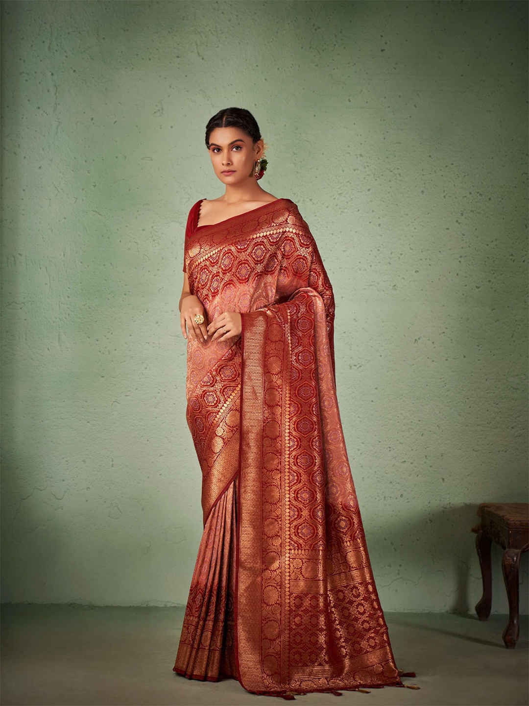 

ODETTE Woven Design Zari Silk Blend Saree, Red