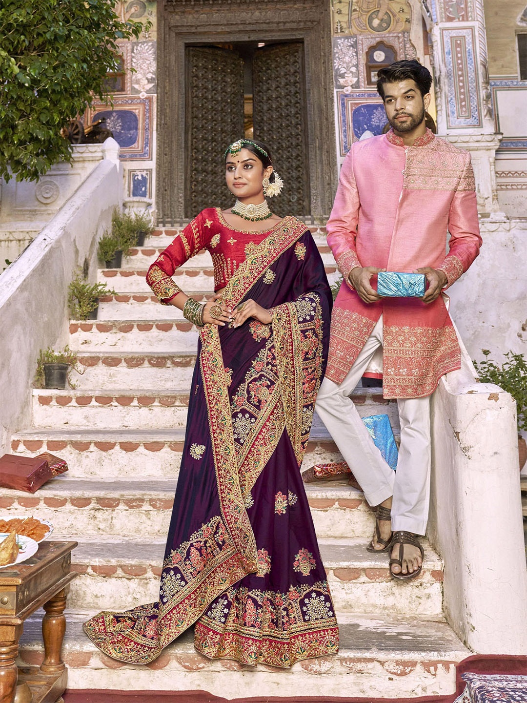 

ODETTE Floral Embroidered Art Silk Saree, Purple