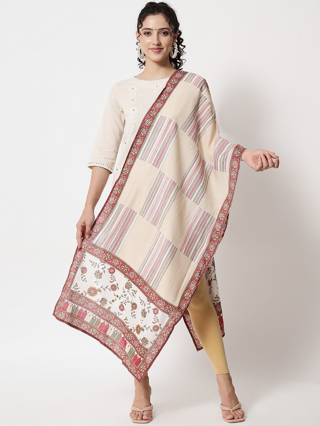 

KALINI Beige & Pink Printed Cotton Silk Dupatta