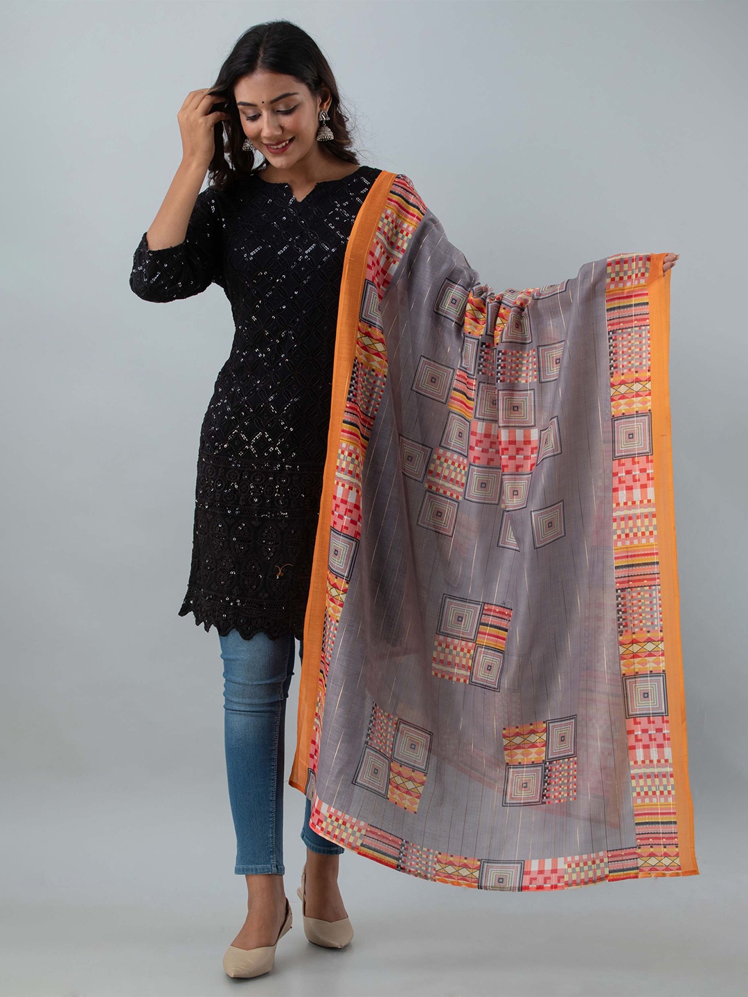 

KALINI Grey & Orange Printed Art Silk Dupatta