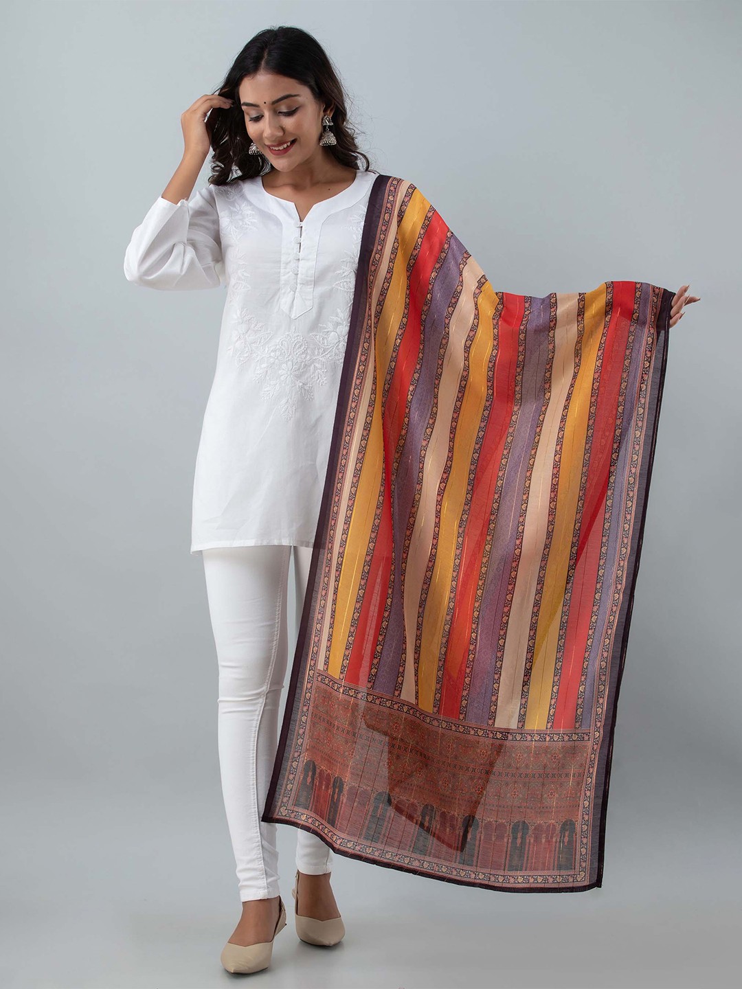 

KALINI Grey & Red Striped Art Silk Dupatta