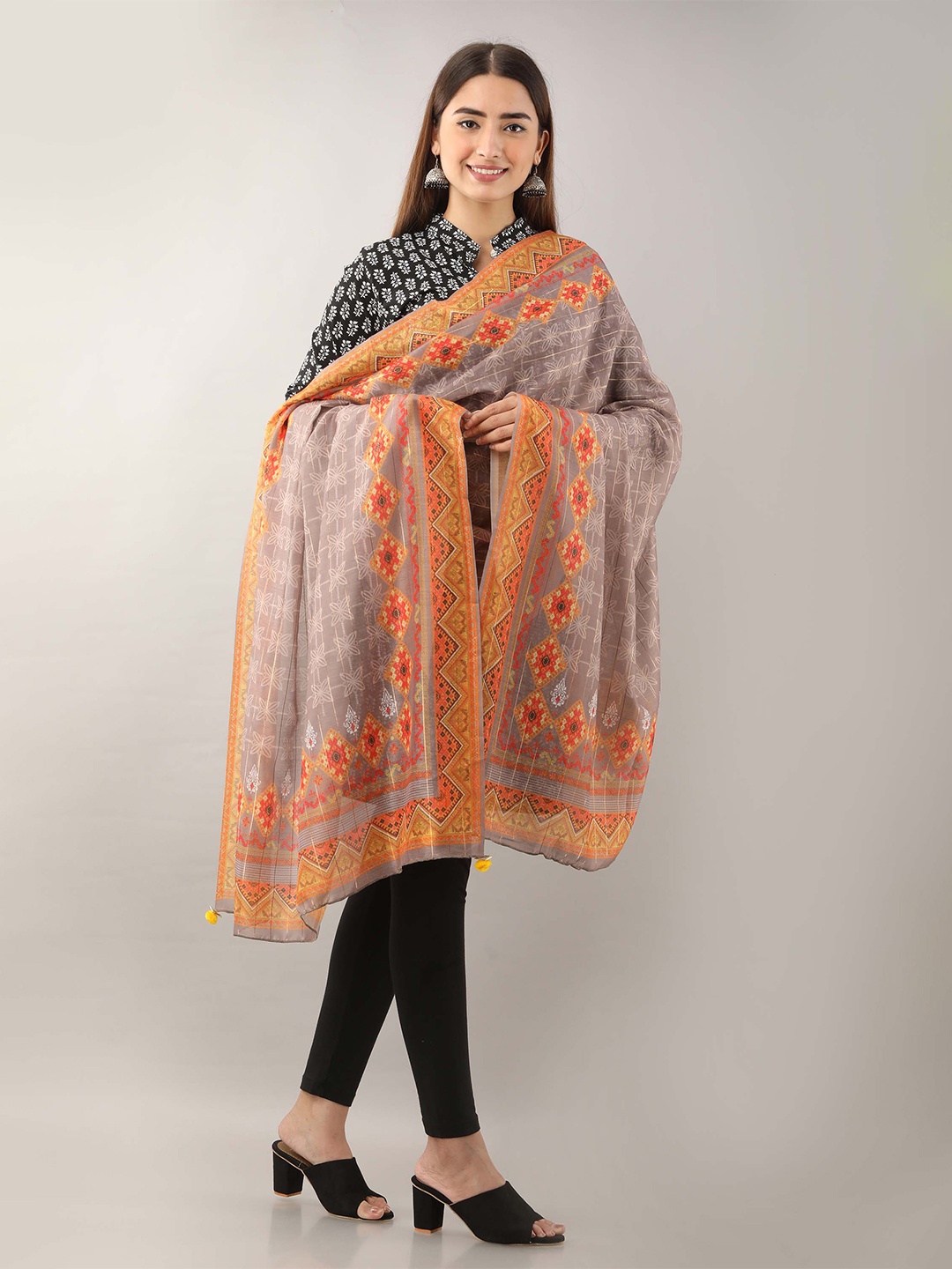 

KALINI Printed Art Silk Dupatta, Grey