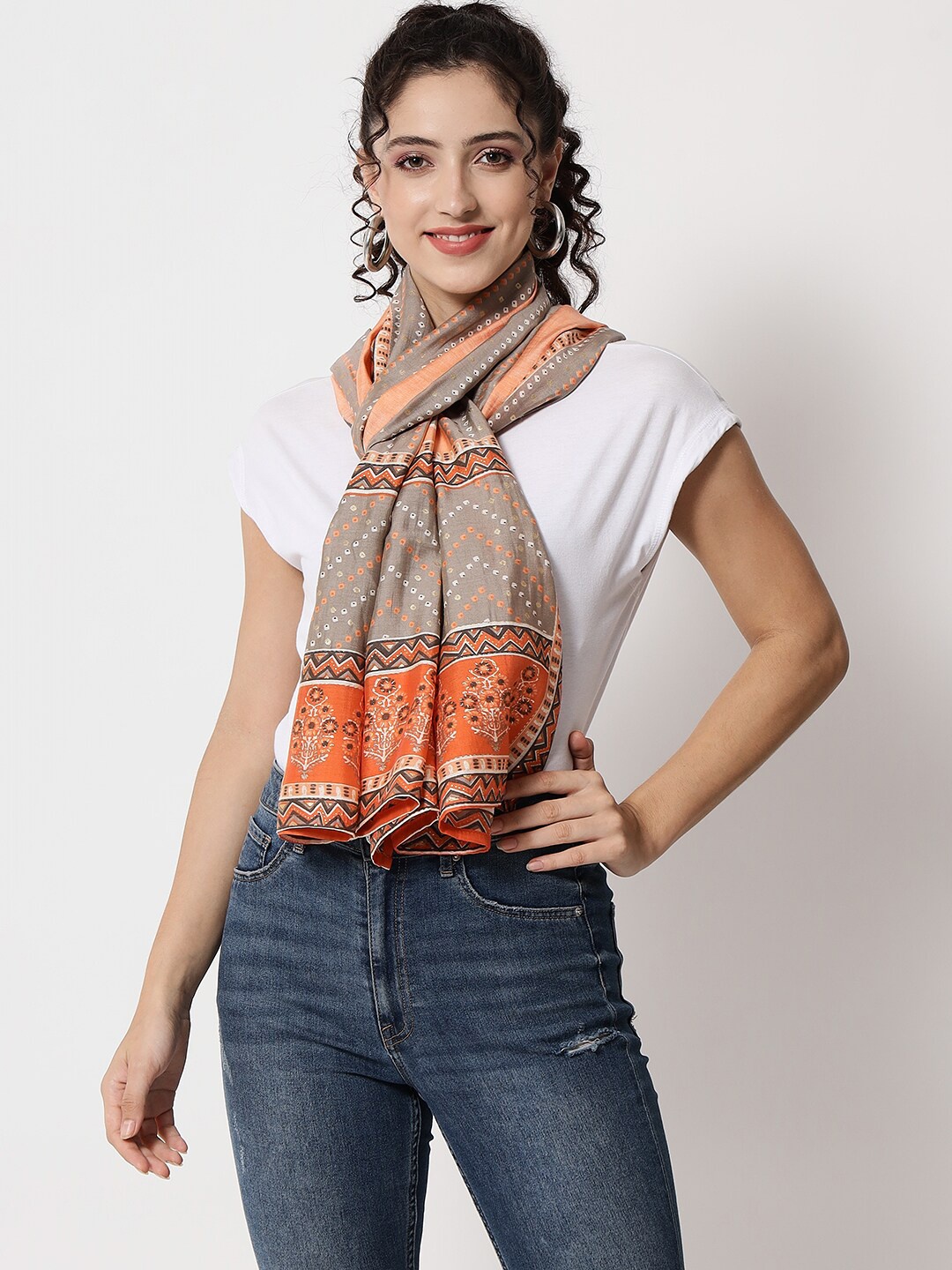 

KALINI Grey & White Printed Cotton Silk Dupatta