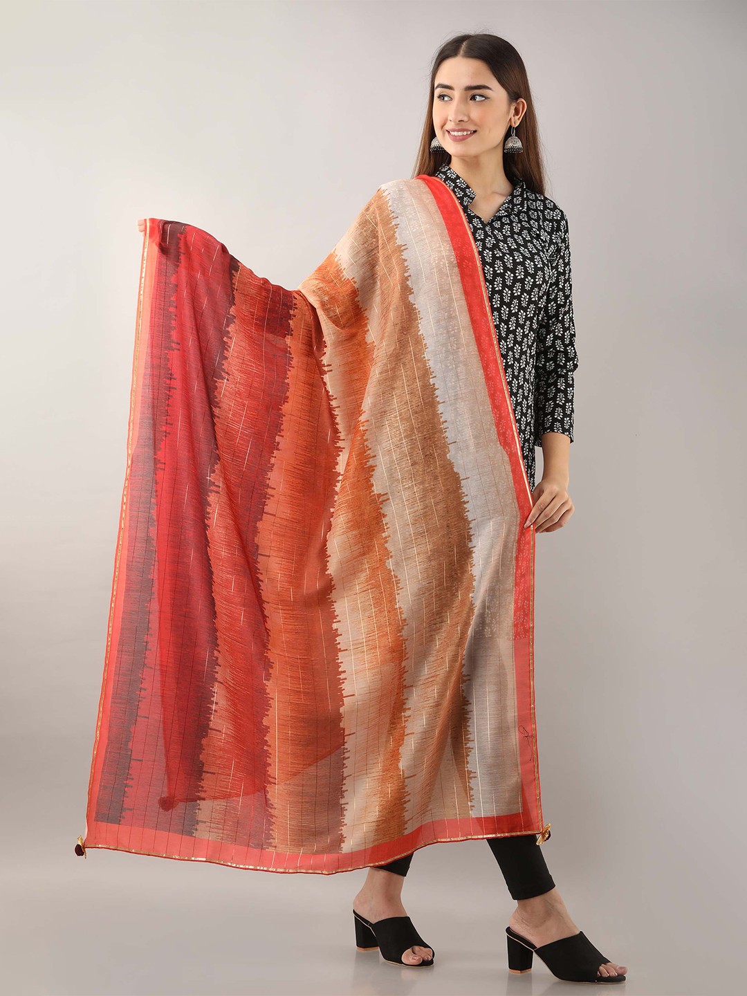 

KALINI Cream-Coloured & Orange Printed Art Silk Dupatta