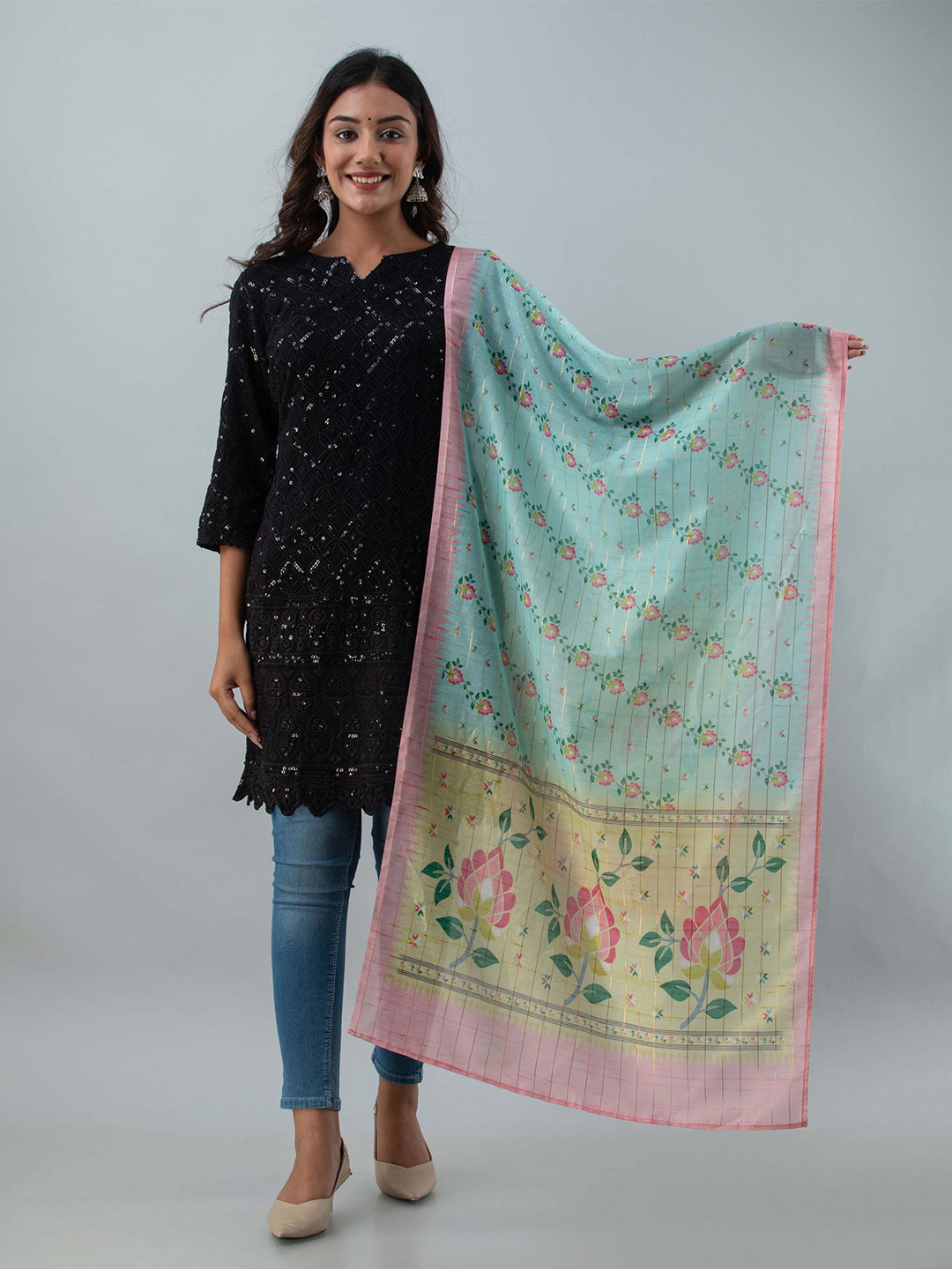 

KALINI Blue & Pink Printed Art Silk Dupatta