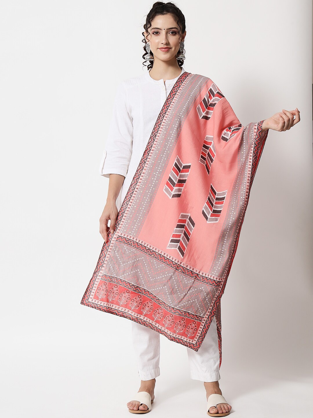 

KALINI Pink & Grey Printed Cotton Silk Dupatta