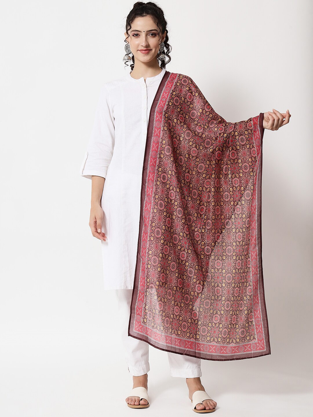 

KALINI Brown & Pink Printed Art Silk Dupatta