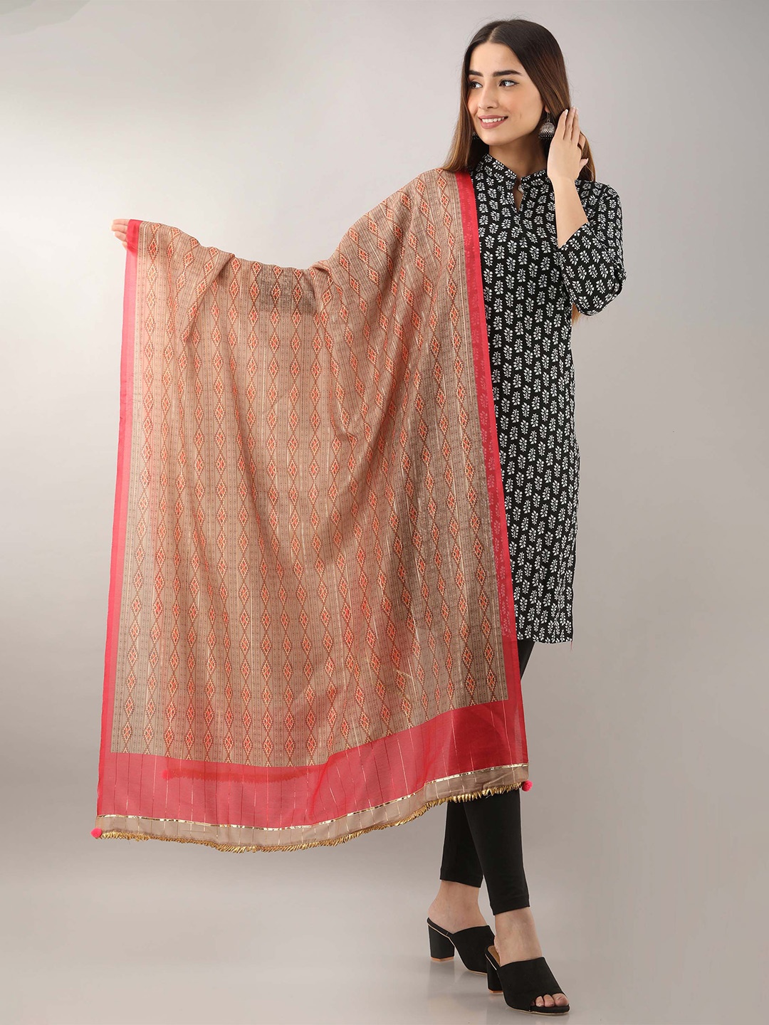 

KALINI Ethnic Motifs Printed Art Silk Dupatta with Gotta Patti, Pink
