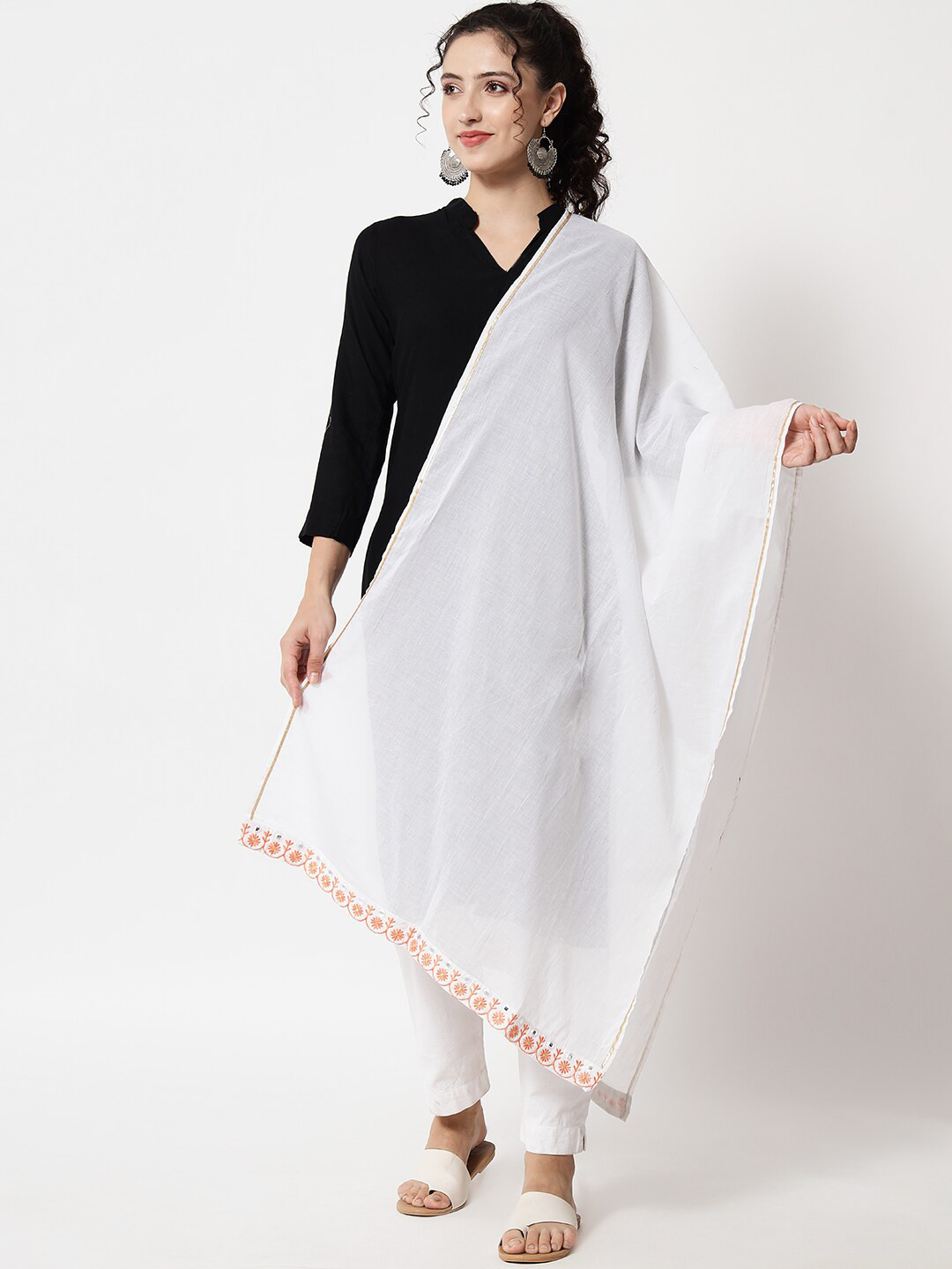 

KALINI Pure Cotton Dupatta with Mirror Work, White