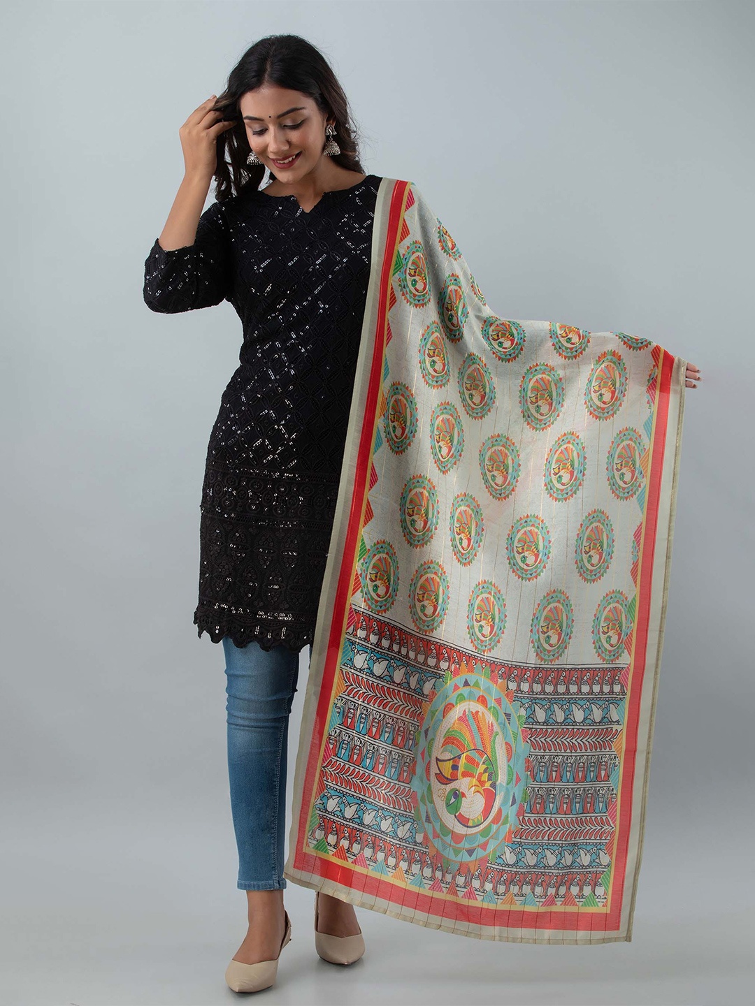 

KALINI Printed Art Silk Dupatta, Off white