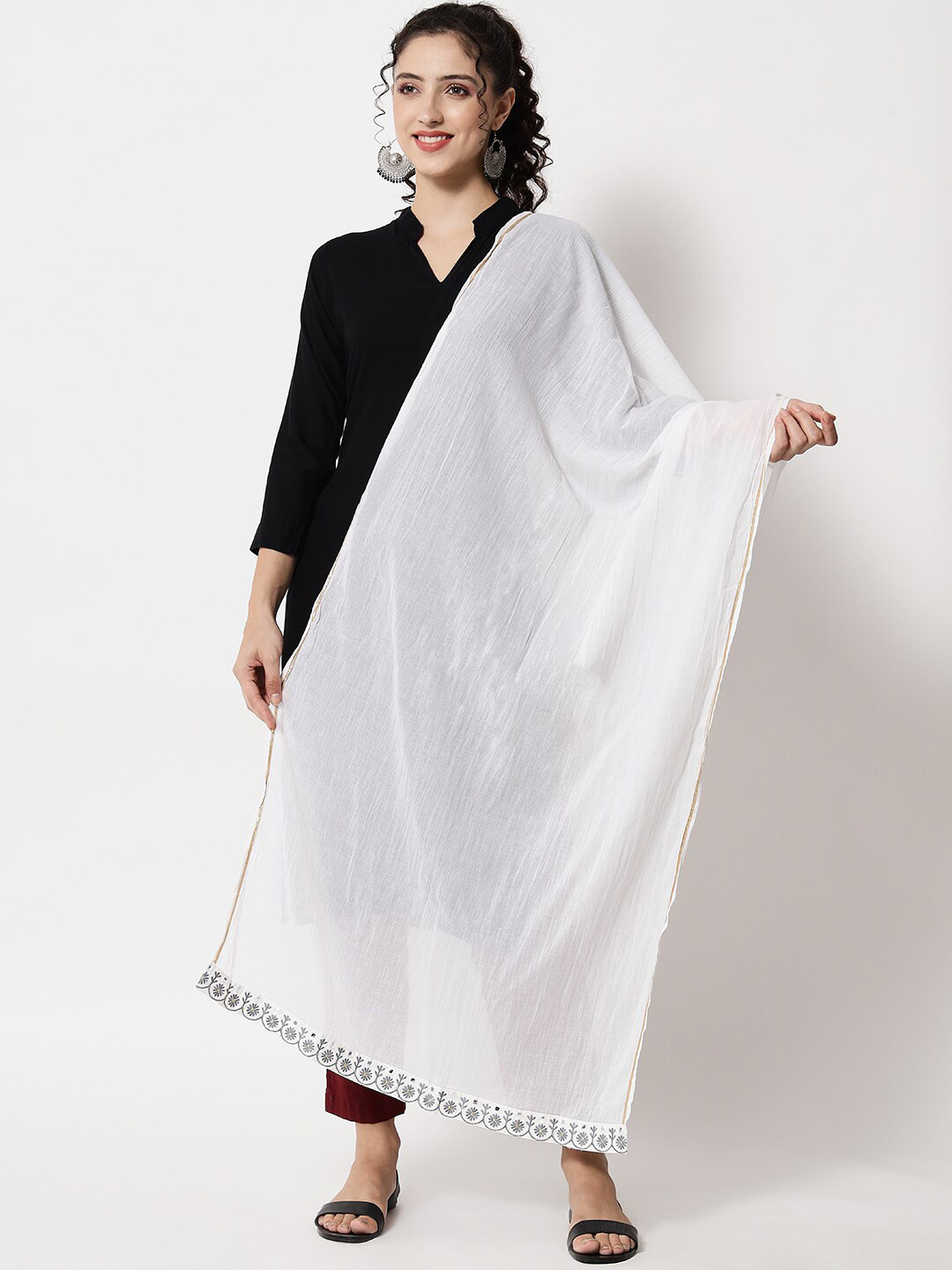 

KALINI Pure Cotton Dupatta with Mirror Work, White