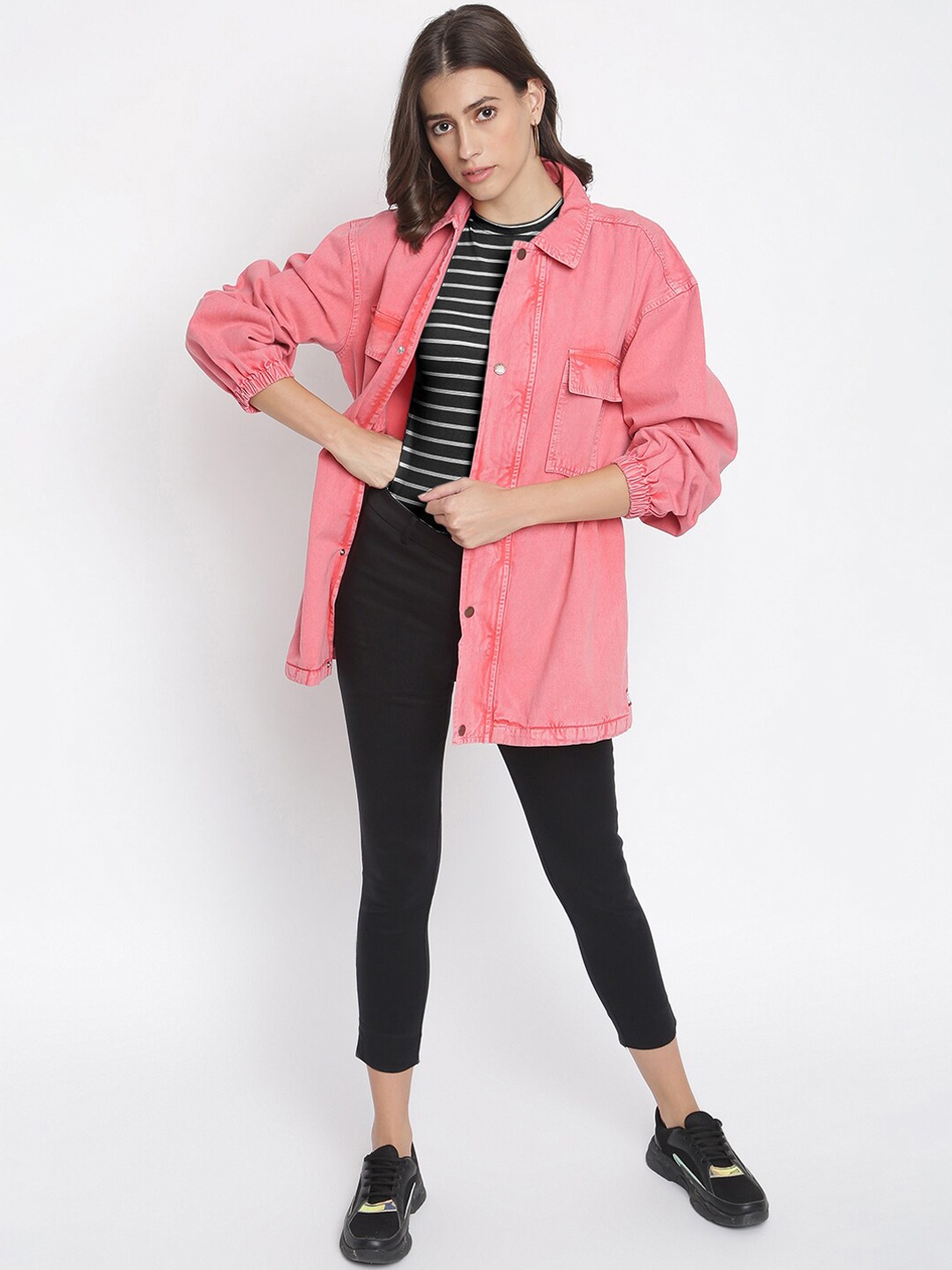 

TALES & STORIES Lightweight Waist Tie-Up Longline Denim Jacket, Pink