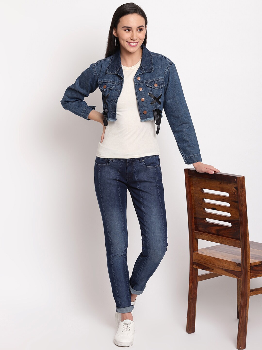 

TALES & STORIES Women Washed Lightweight Crop Denim Jacket, Blue