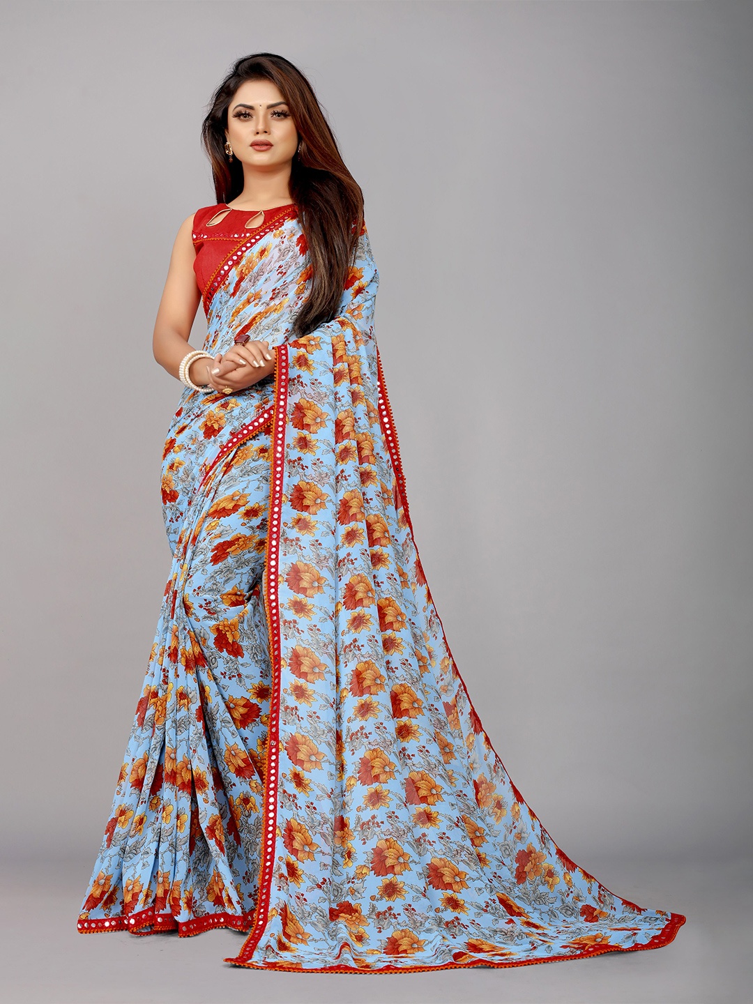 

B4ME COM Floral Embroidered Pure Georgette Ready to Wear Jamdani Saree, Blue
