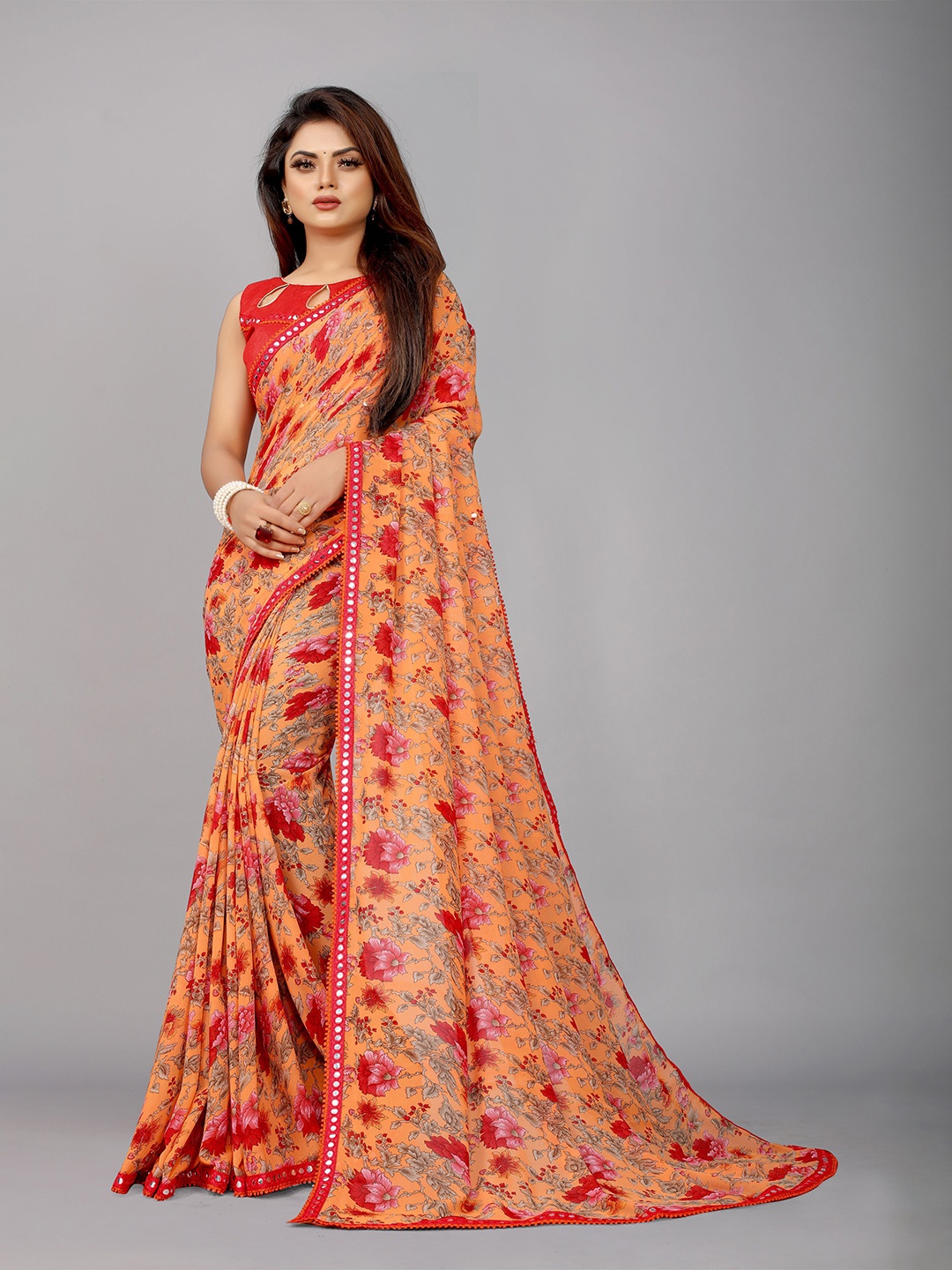 

B4ME COM Floral Pure Georgette Ready to Wear Jamdani Saree, Orange