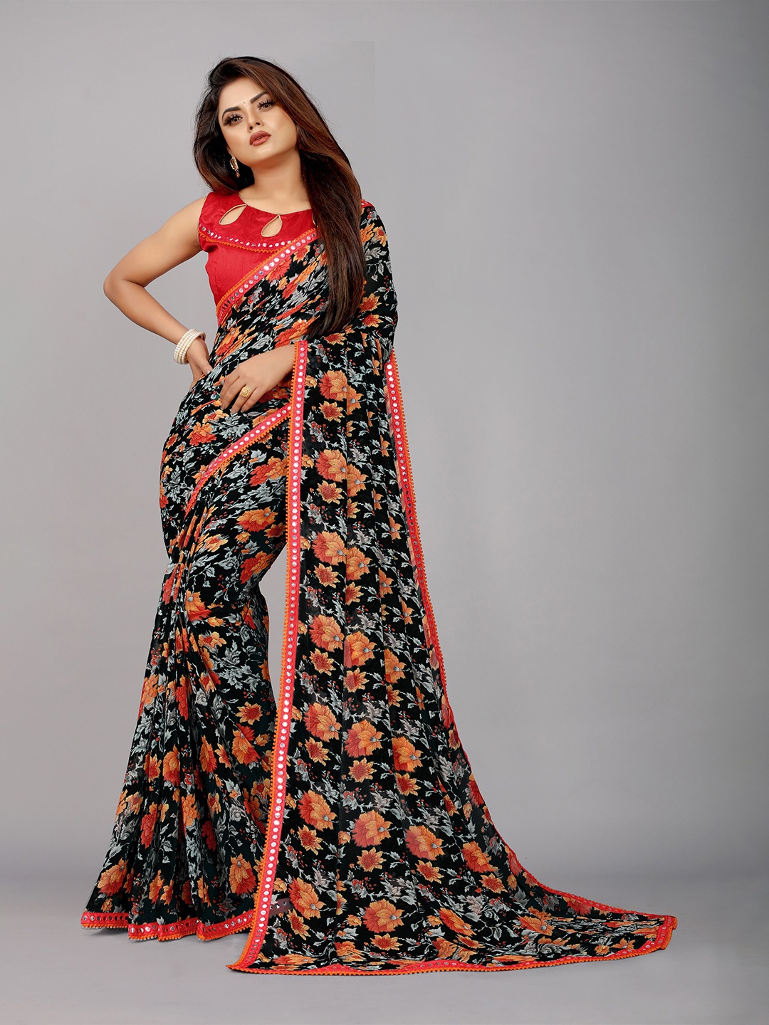 B4ME COM Floral Embroidered Pure Georgette Ready to Wear Jamdani Saree, Black