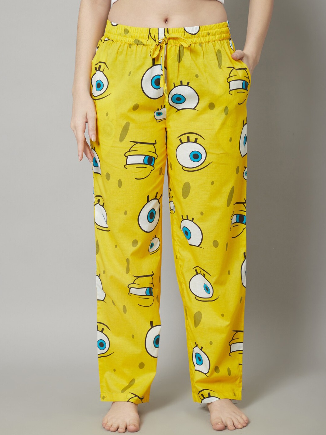 

Shararat Women All eyes on SpongeBob Printed Cotton Lounge Pants, Yellow