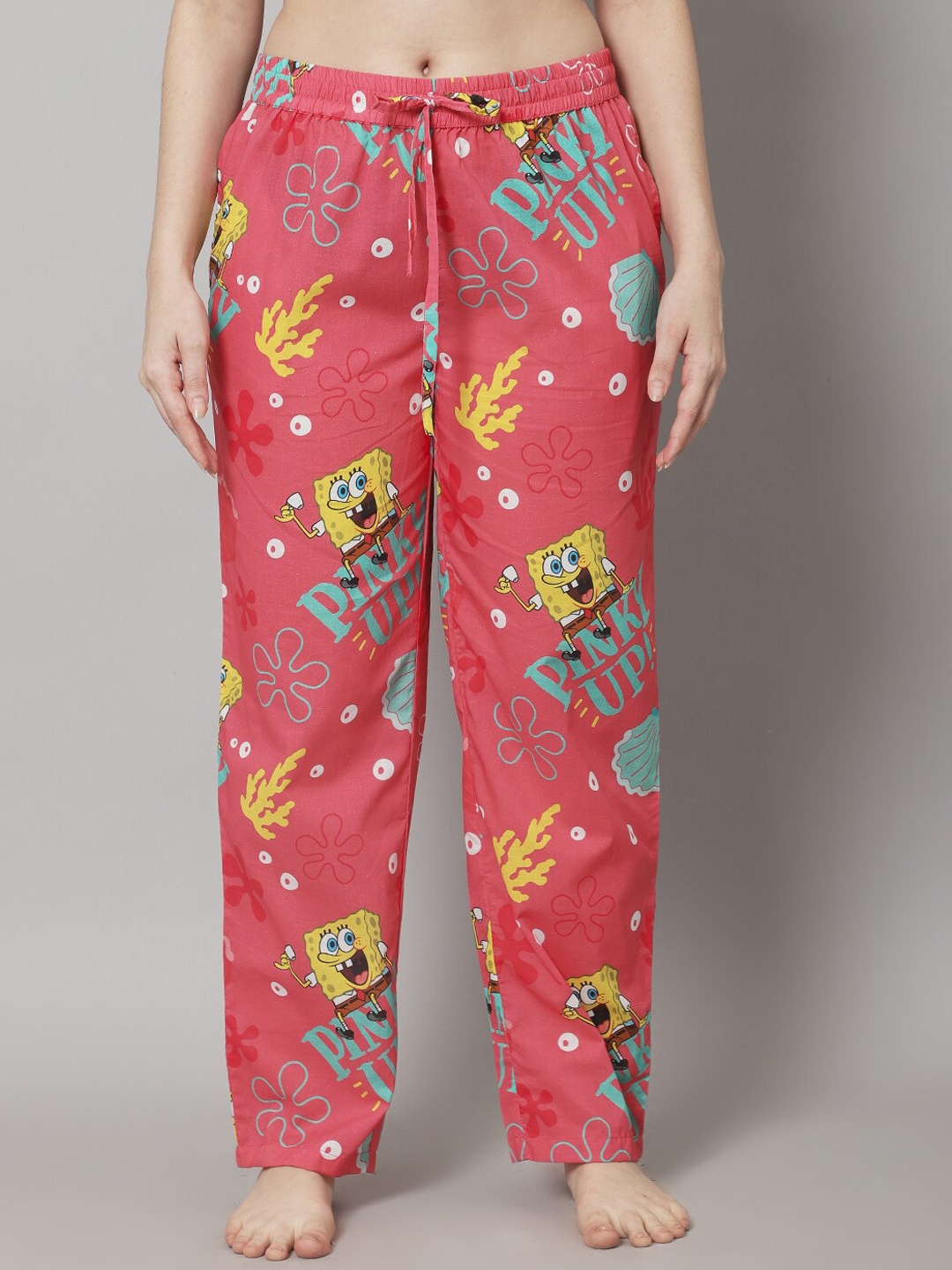 

Shararat Women Spongebob Printed Cotton Lounge Pants, Pink
