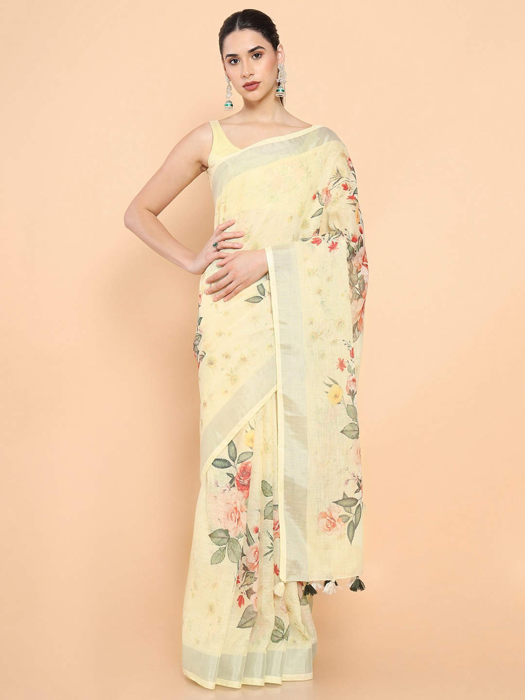 

Soch Yellow & Grey Floral Zari Pure Linen Ready to Wear Saree