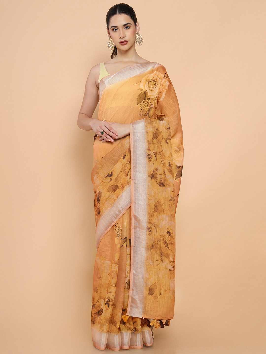 

Soch Gold-Toned & Silver-Toned Floral Zari Pure Linen Saree