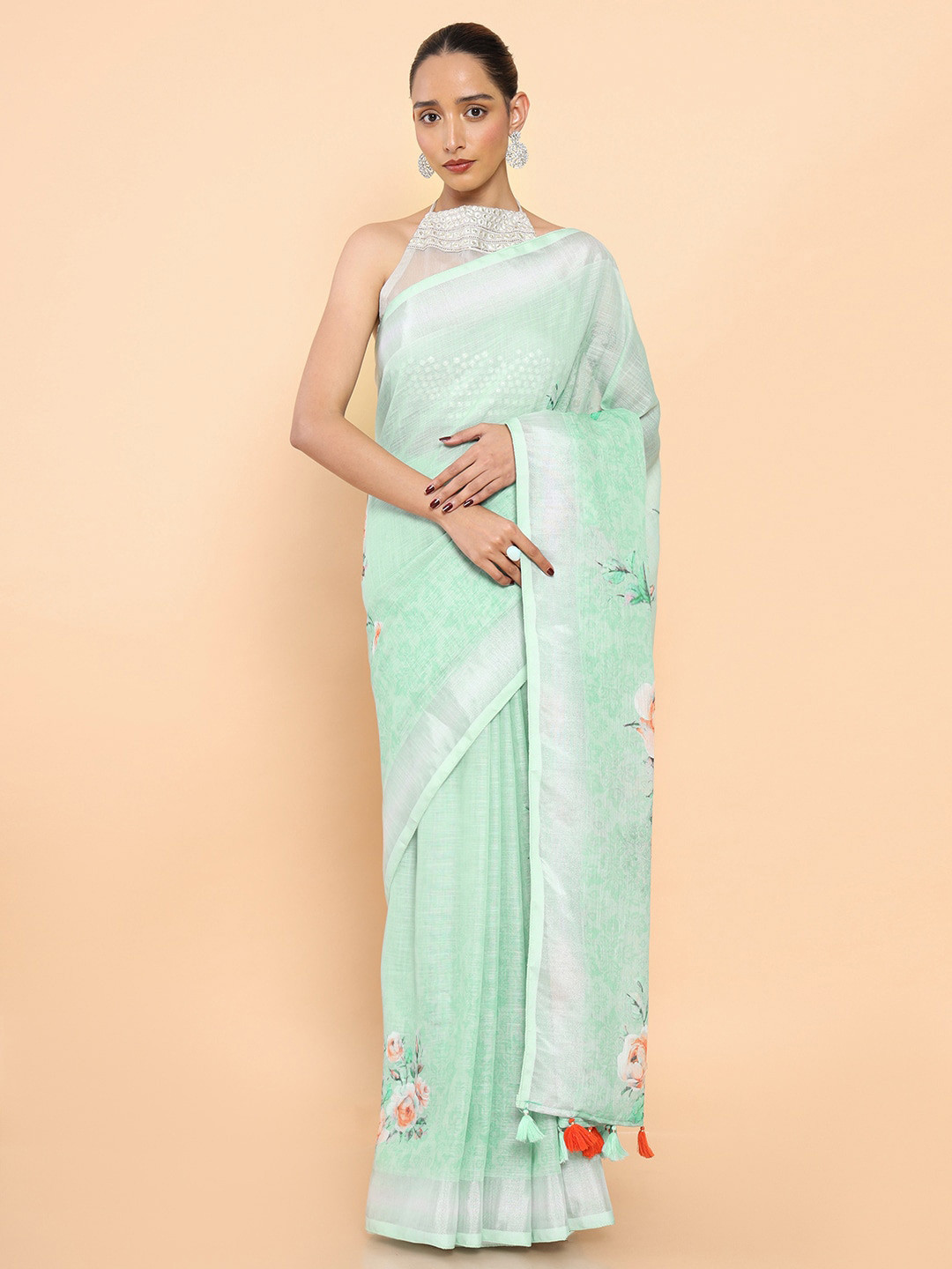 

Soch Green & Pink Floral Zari Pure Linen Ready to Wear Saree