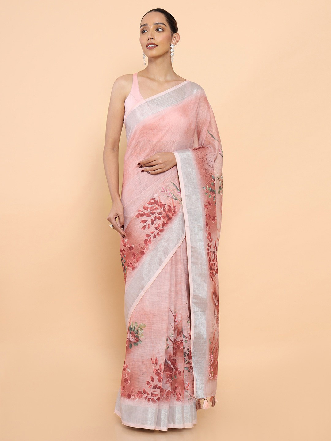 

Soch Brown & Silver-Toned Floral Zari Pure Linen Ready to Wear Saree