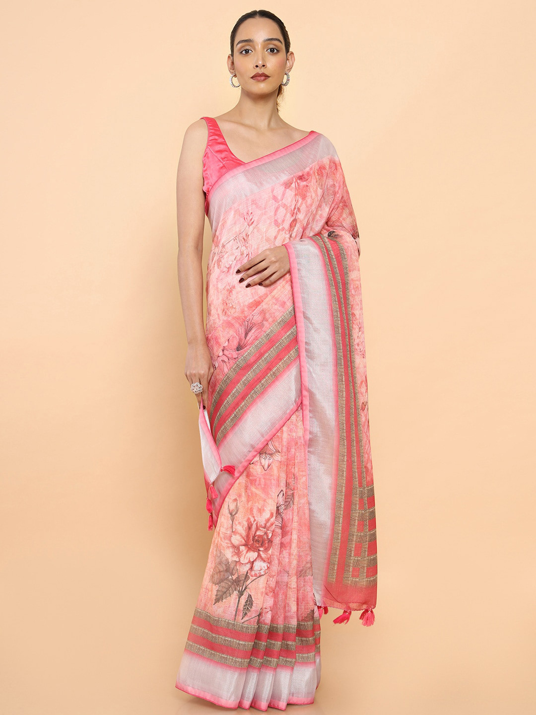 

Soch Pink & Grey Floral Zari Pure Linen Ready to Wear Saree