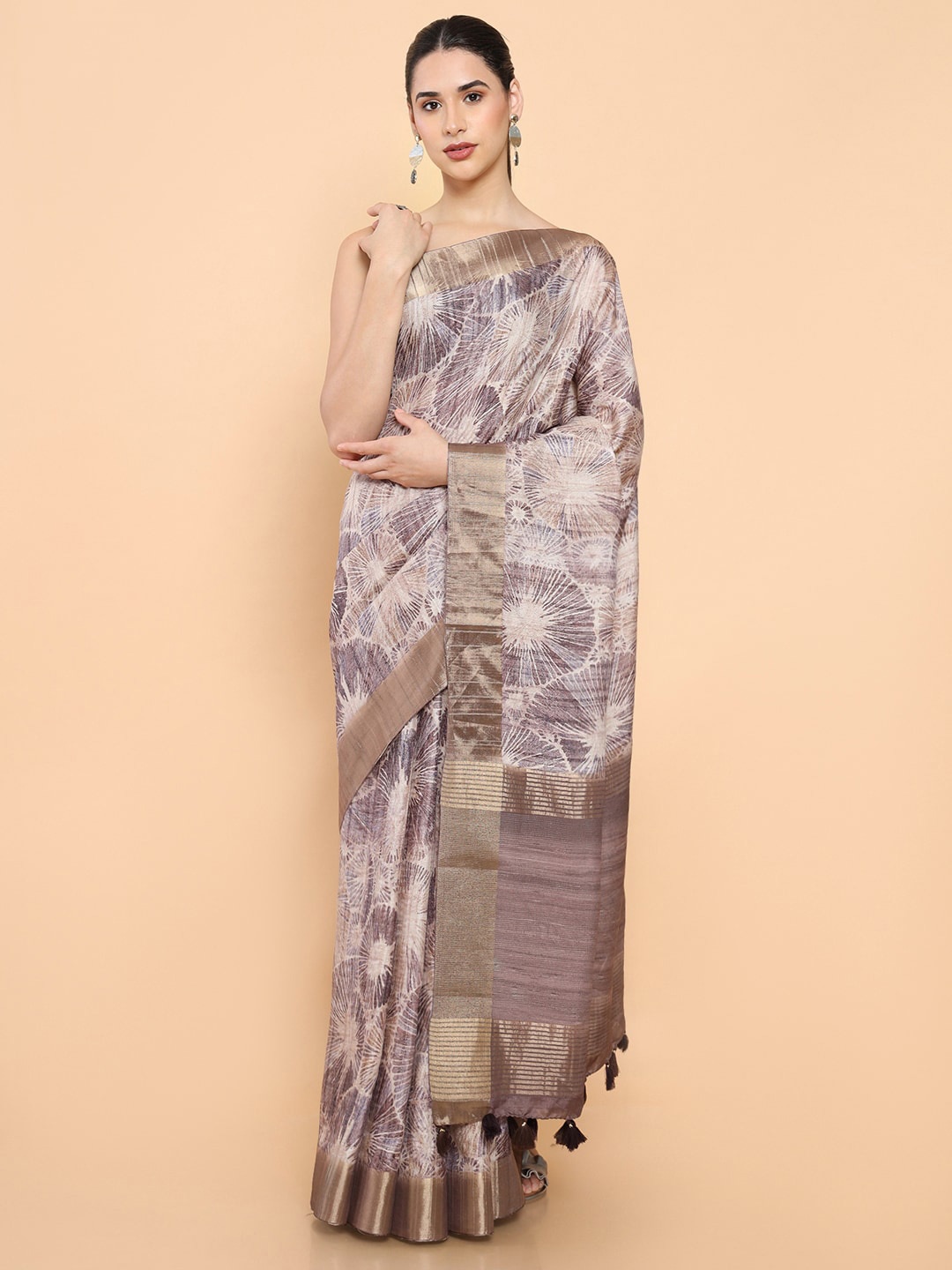 

Soch Purple & Beige Floral Zari Silk Blend Ready to Wear Saree