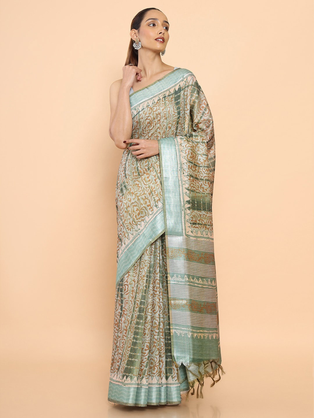

Soch Green & Brown Floral Zari Silk Cotton Ready to Wear Saree