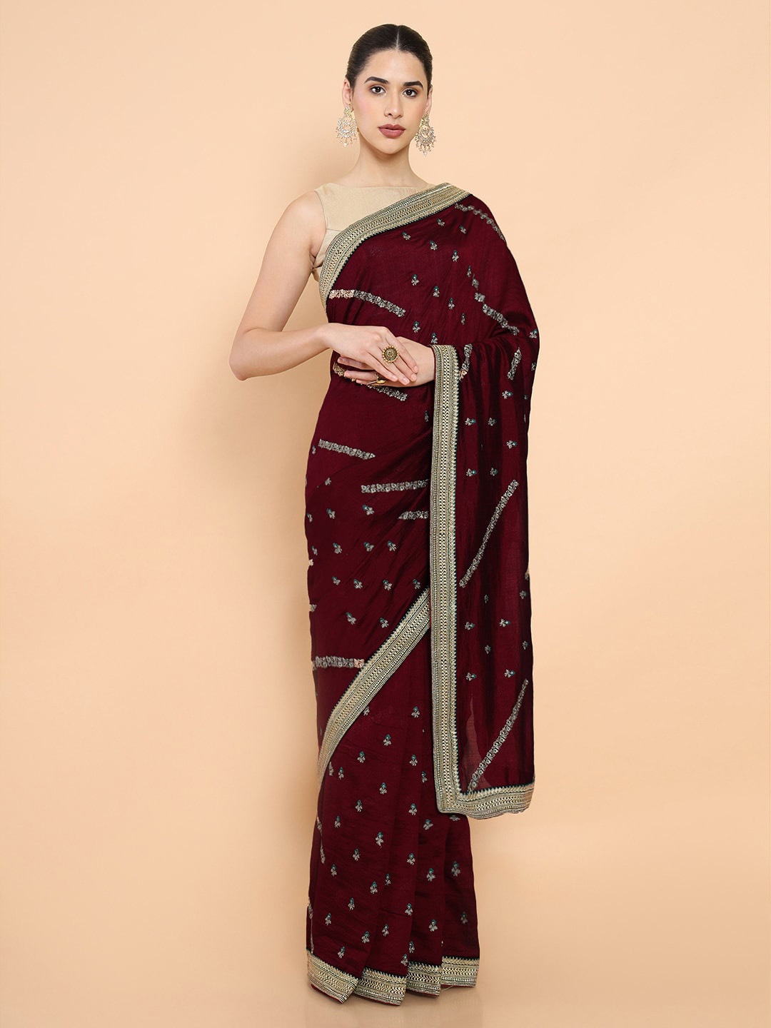 

Soch Maroon & Gold-Toned Floral Embroidered Silk Blend Ready to Wear Saree
