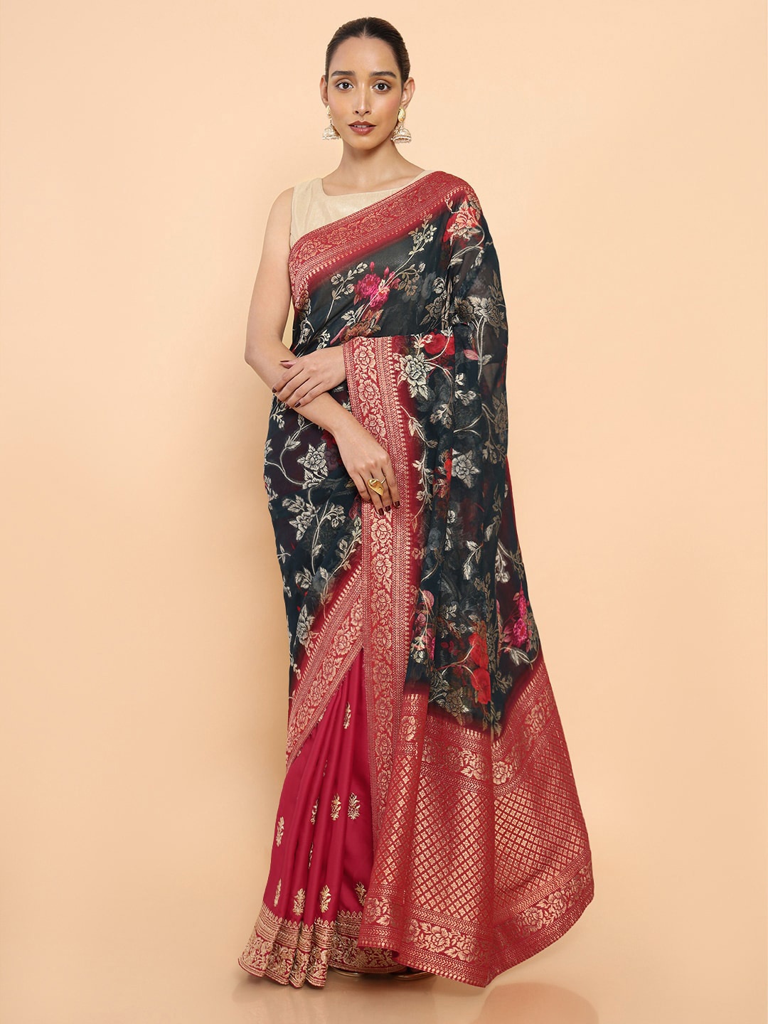 

Soch Black & Maroon Floral Zari Pure Georgette Ready to Wear Saree