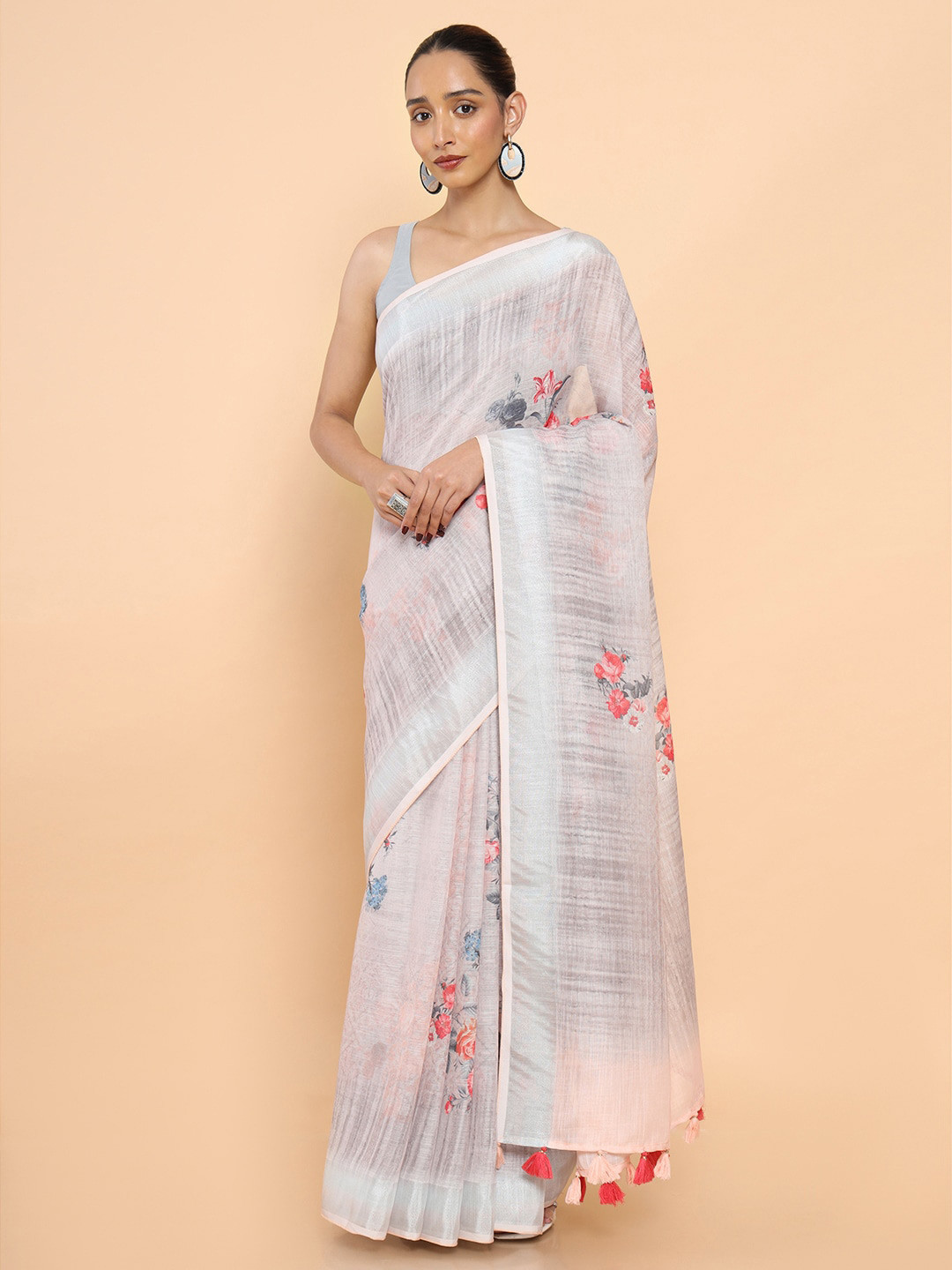 

Soch Beige & Pink Floral Pure Linen Saree