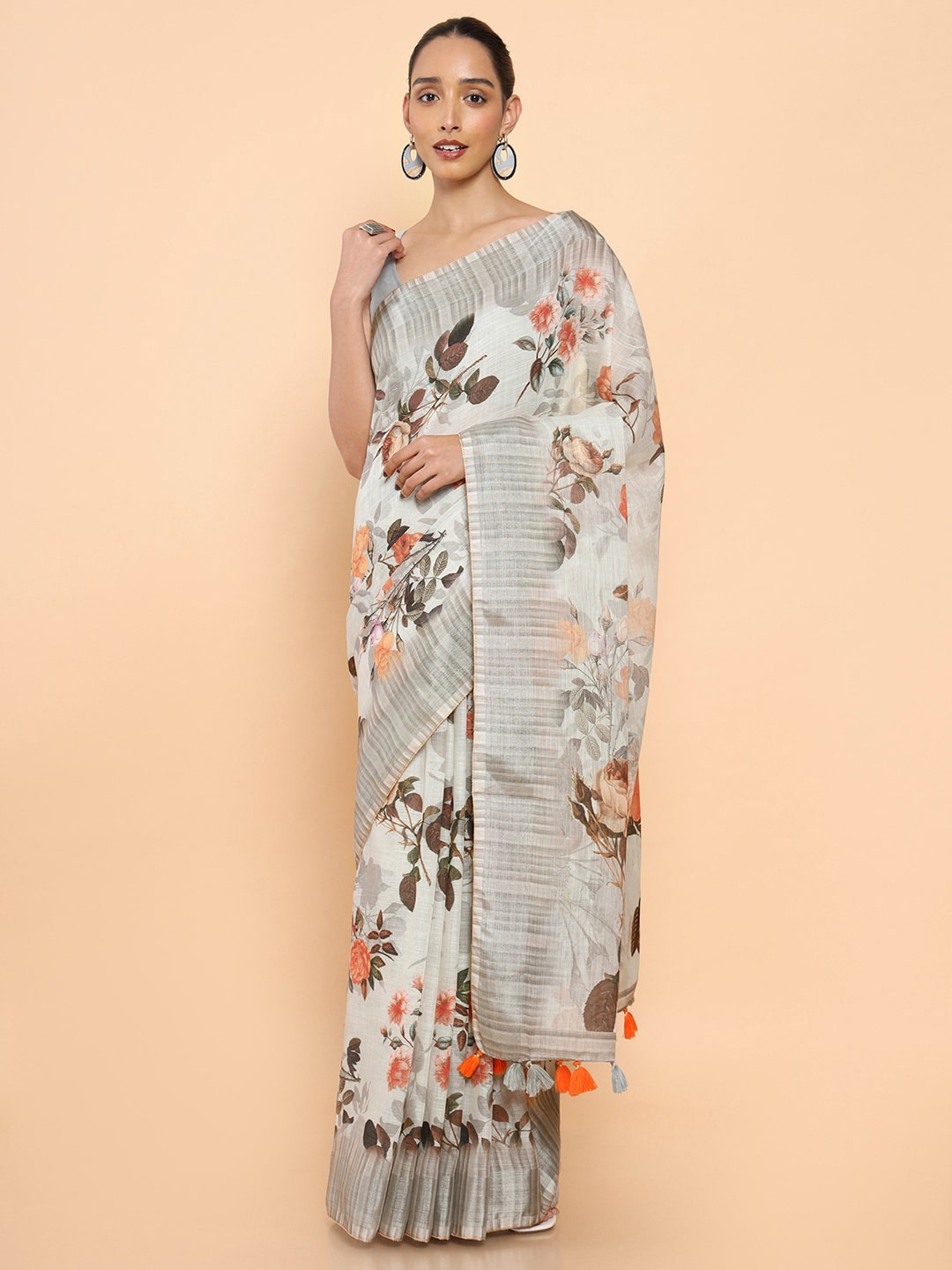 

Soch Beige & Orange Floral Zari Pure Linen Ready to Wear Saree