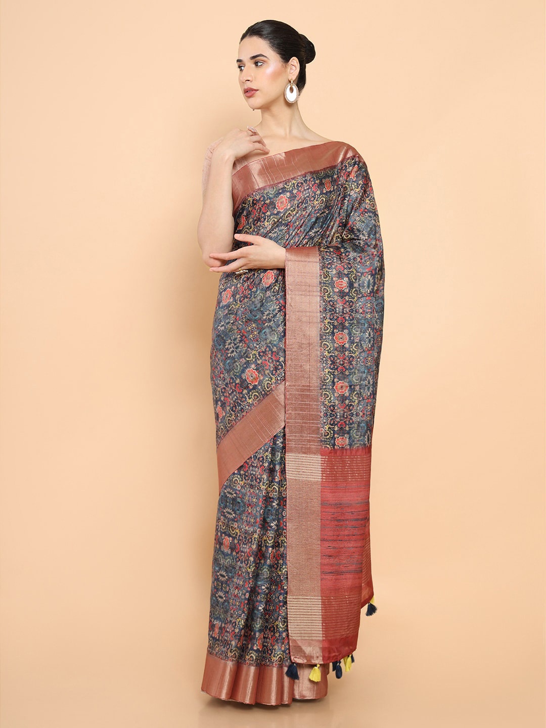 

Soch Blue & Pink Floral Zari Silk Blend Ready to Wear Saree