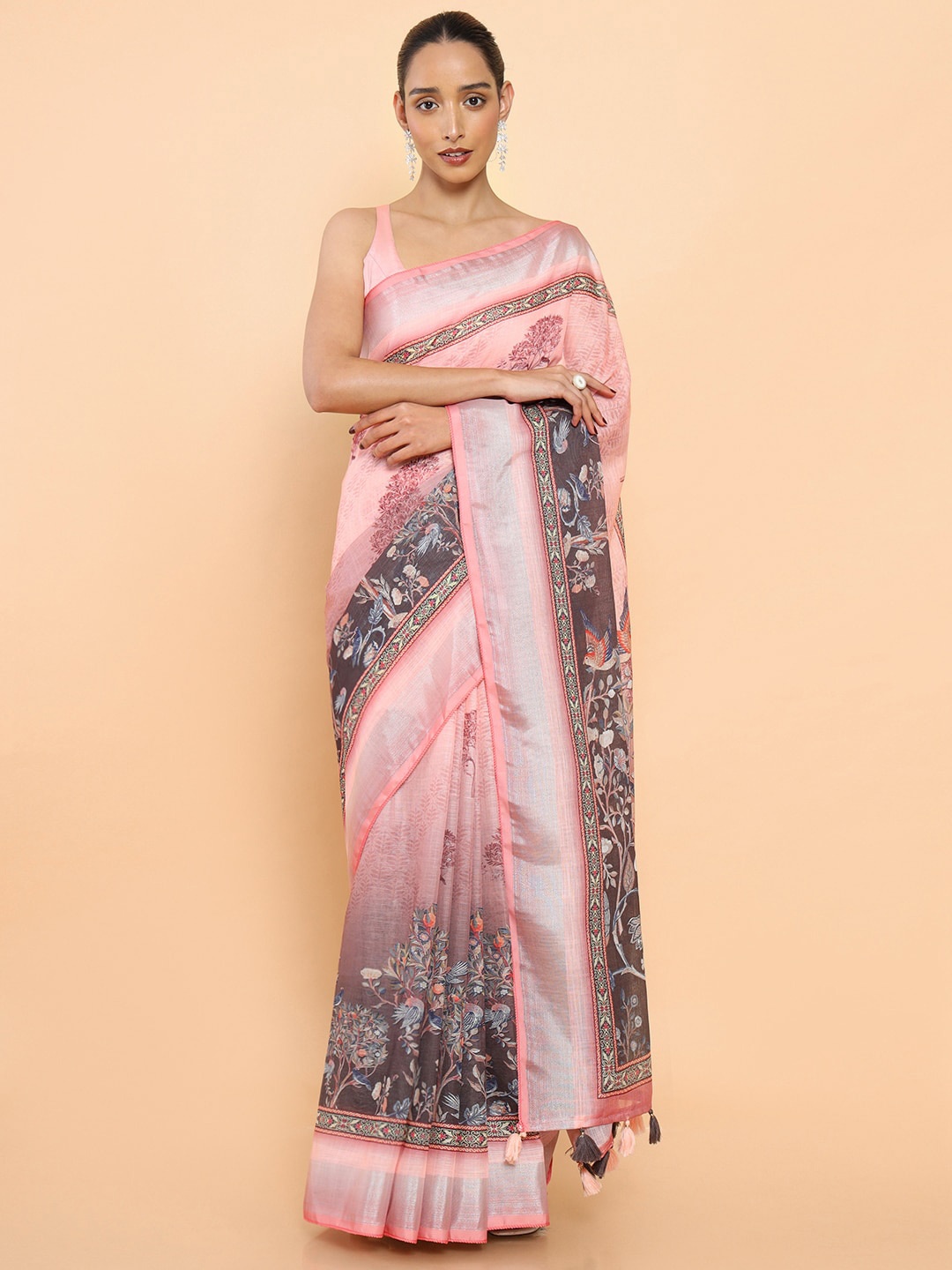 

Soch Pink & Grey Floral Zari Pure Linen Ready to Wear Saree