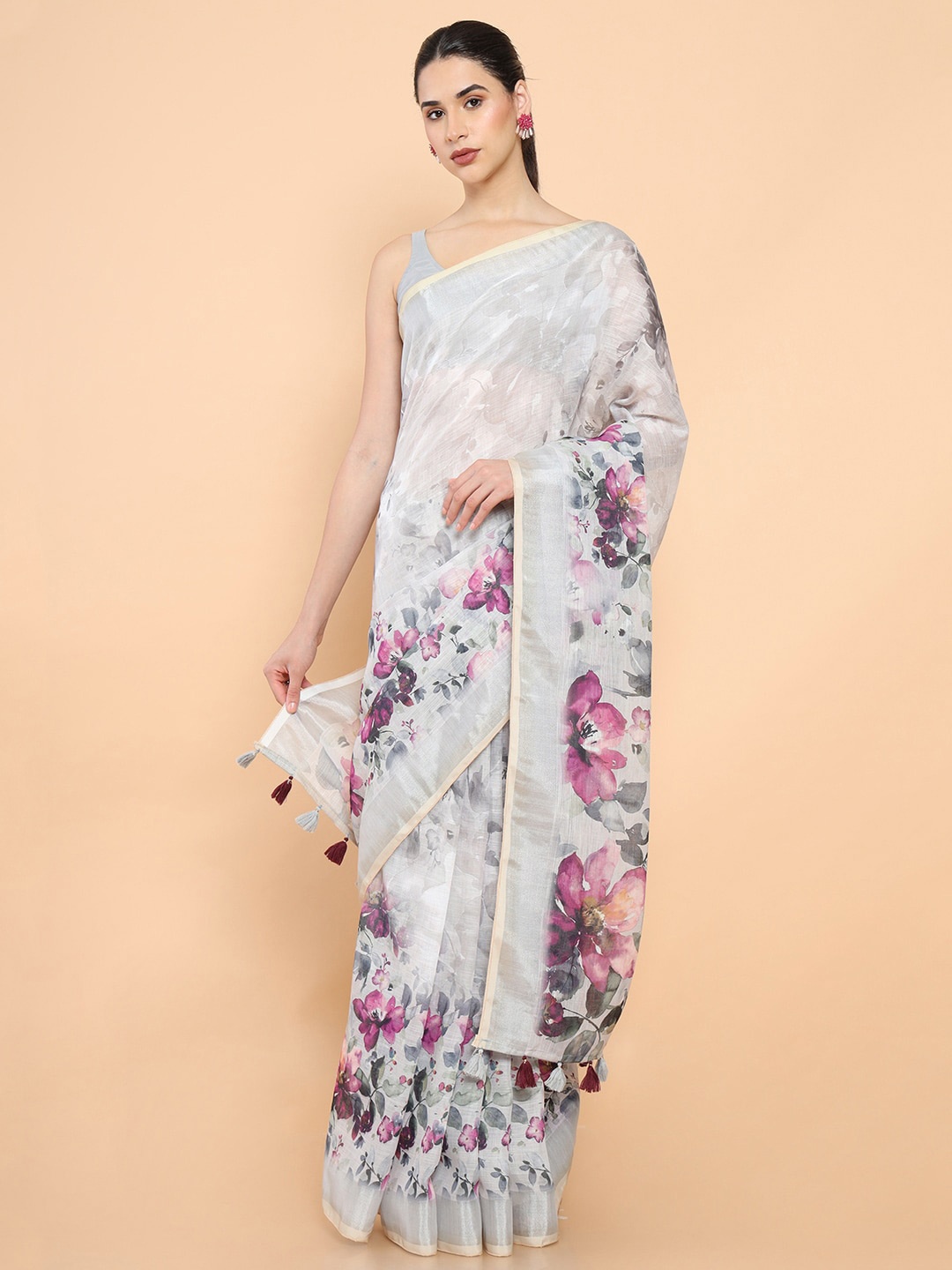 

Soch Grey & Pink Floral Pure Linen Saree
