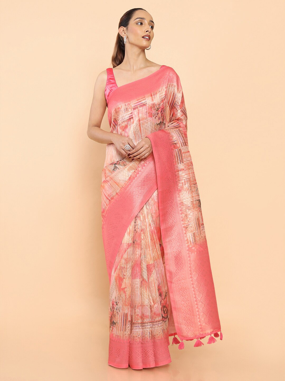 

Soch Pink & Off White Floral Zari Silk Blend Saree