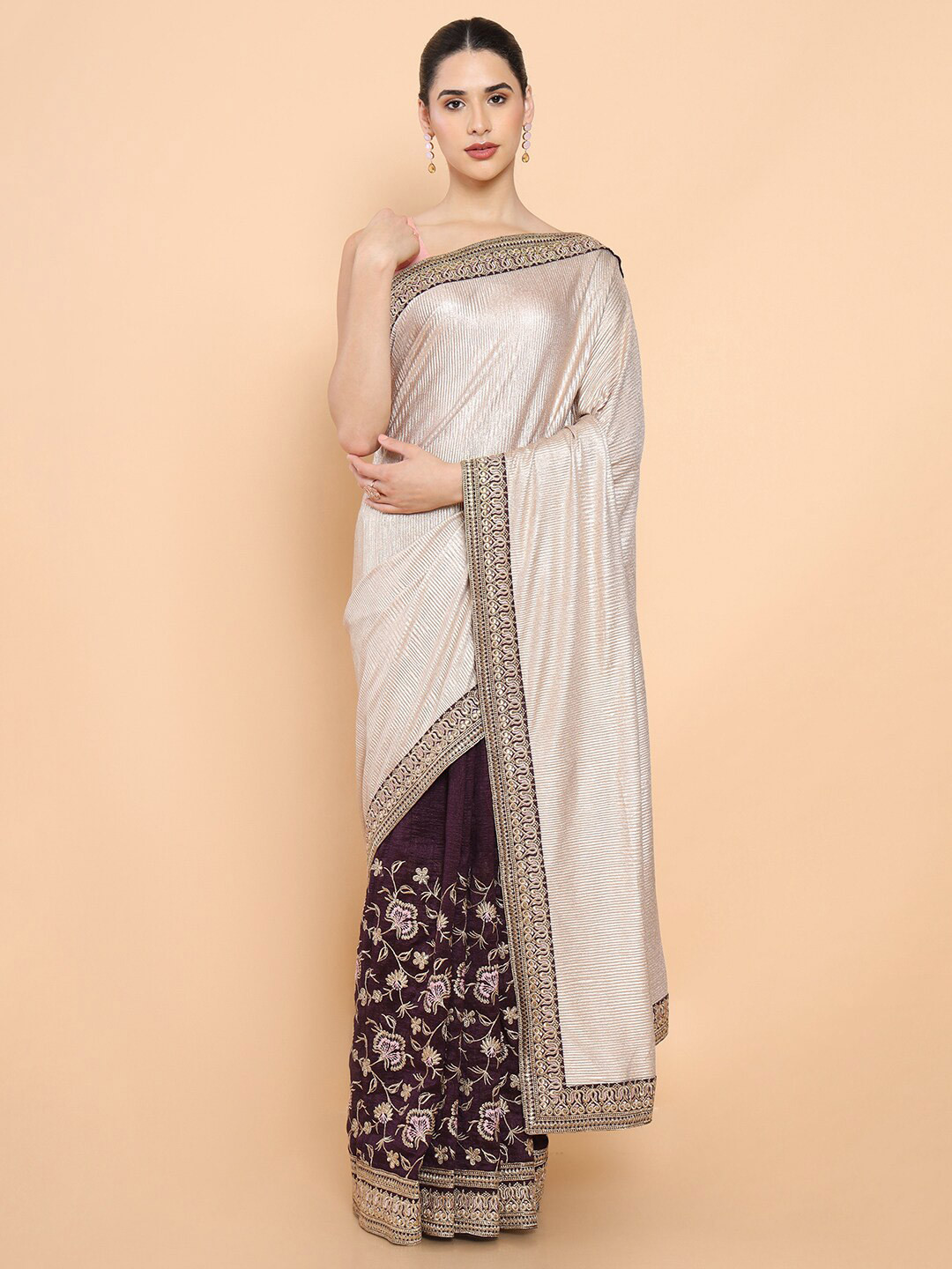 

Soch Beige & Burgundy Floral Embroidered Pure Georgette Ready to Wear Saree