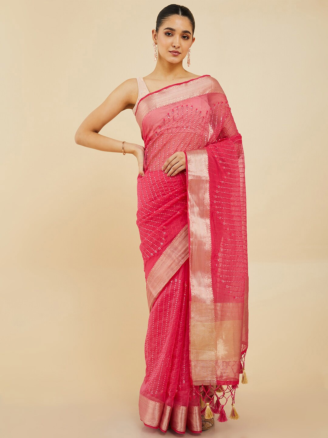 

Soch Red & Gold-Toned Striped Sequinned Organza Saree