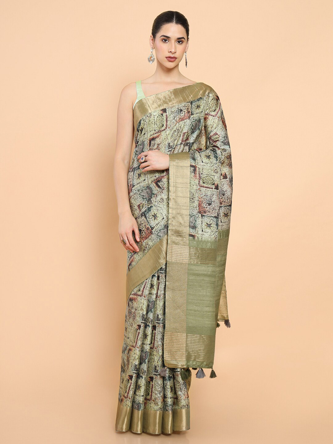 

Soch Green & Gold-Toned Floral Zari Silk Blend Ready to Wear Saree