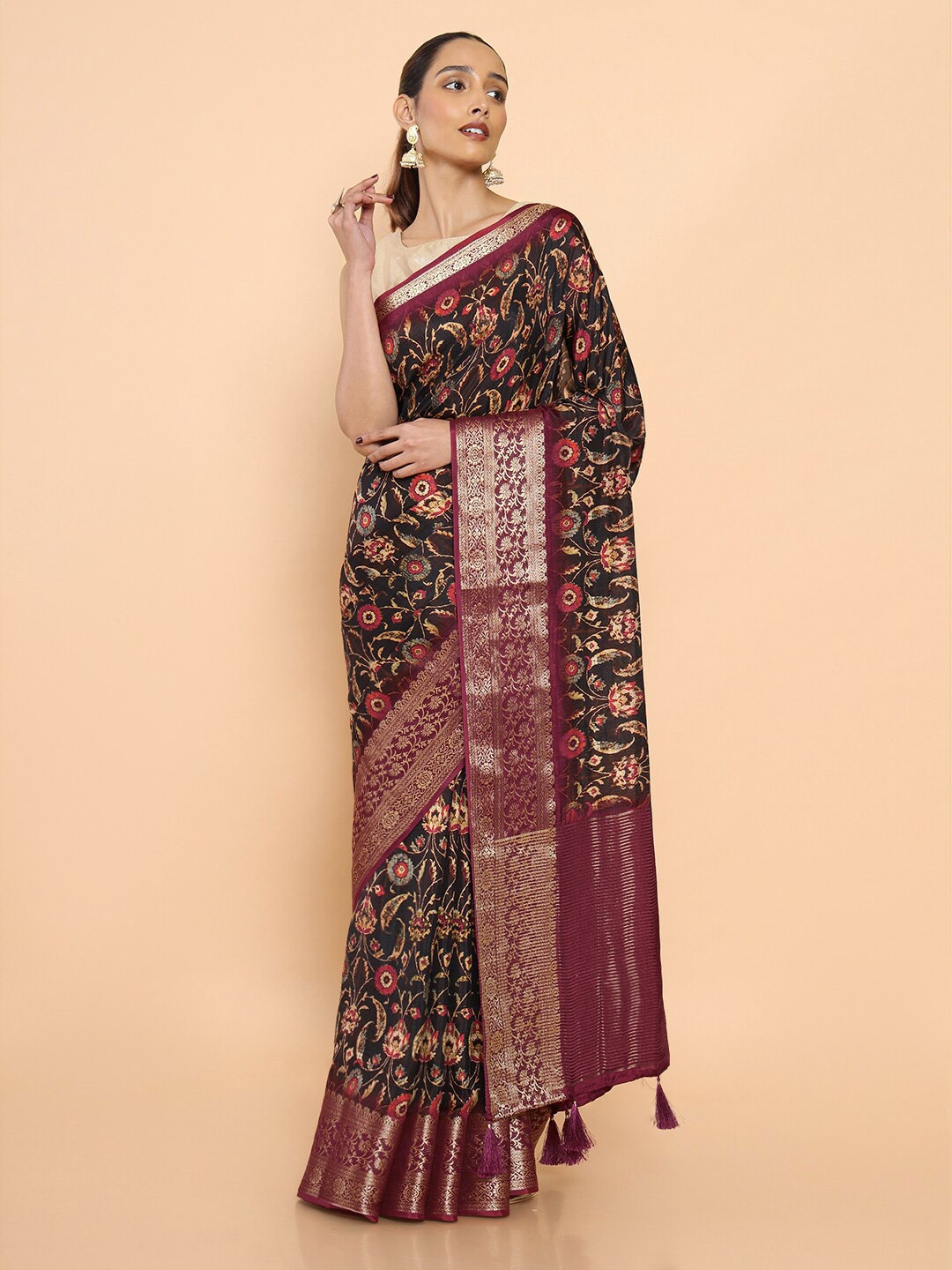 

Soch Black & Purple Floral Zari Pure Silk Ready to Wear Saree