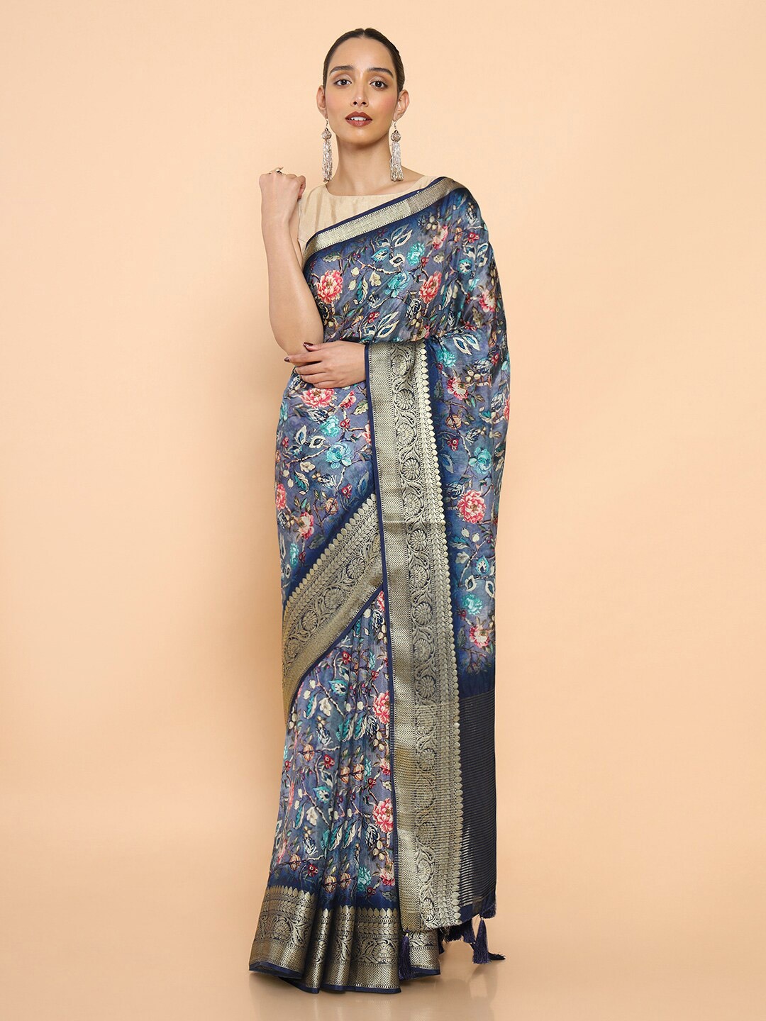 

Soch Blue & Pink Floral Zari Pure Silk Ready to Wear Saree